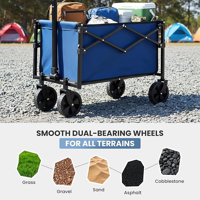 DUMOS Collapsible Wagon with Wheels, 176 lbs Wagons Carts Foldable Wagon Cart with Flexible Handle, Lightweight Portable Folding Utility Grocery Shopping Cart for Grocery Sports Garden Camping - Blue