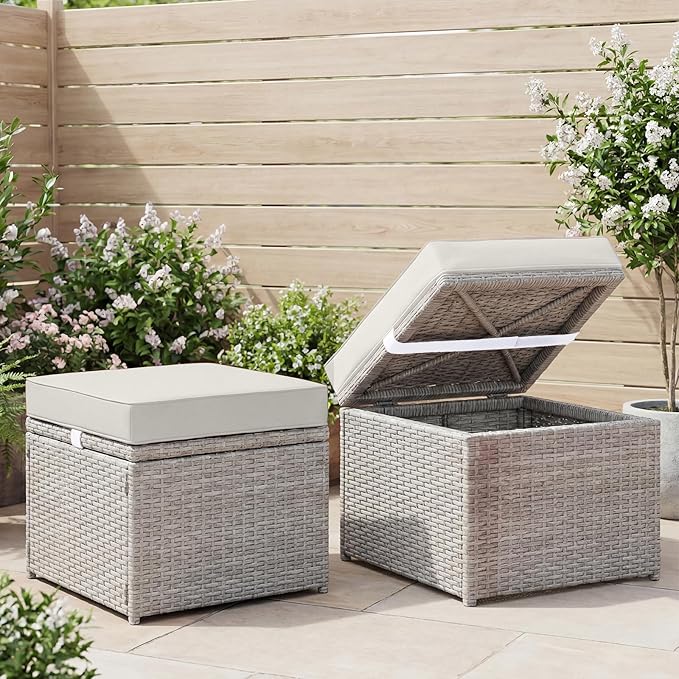 DoubleFill 1 Pcs Outdoor Ottoman Cushion 23"x19"x3" Waterproof Fade Resistant Outdoor Footstools Cushion Removable Patio Ottoman Cushions with Adjustable Fixing Strap for Stool (Ivory White)
