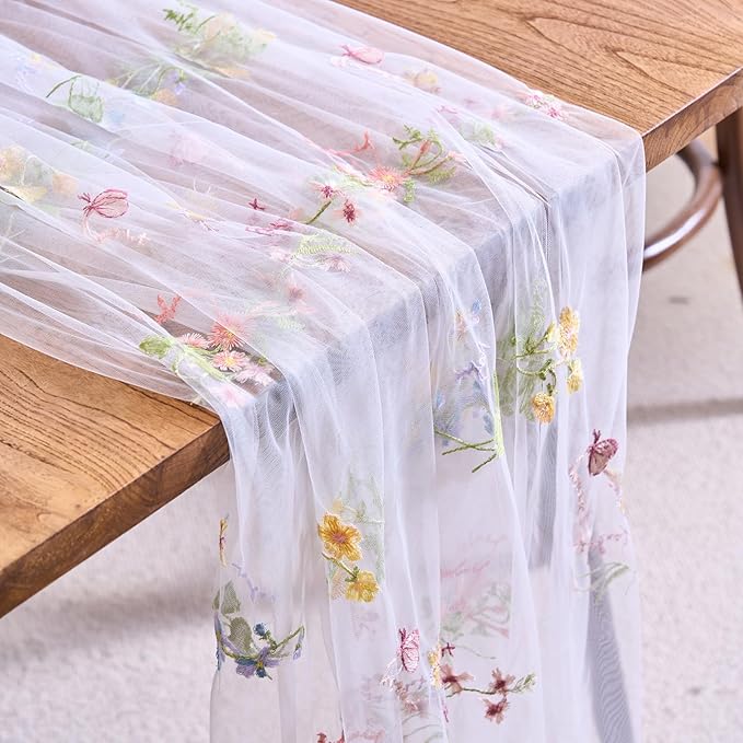 vctops 2 Packs Embroidery Lace Spring Table Runner 10ft Floral Garden Seasonal Tulle Table Runner Holiday Kitchen Dining Table Decoration for Wedding Party Baby Shower Birthday (White,30"x120")