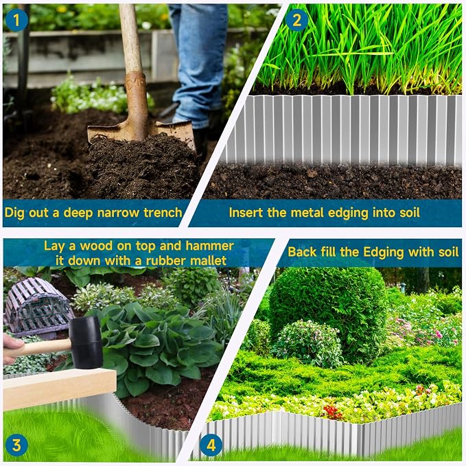 MTART Metal Garden Edging for Landscaping, Sturdy Corrugated Edging Border for DIY Flower Bed, Lawn and Landscape Edging (Silver, 12"×20Ft)