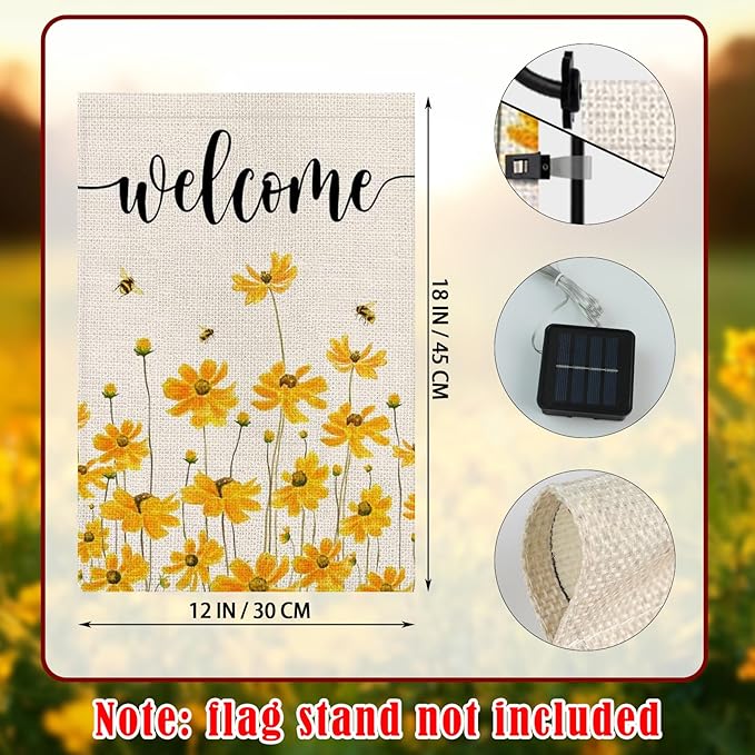 Lighted Spring Summer Floral Welcome Garden Flag, 12 x 18 Inch Double Sided Vertical Burlap Sunflower Bee Led Garden Flag for Seasonal Holiday Outdoor Yard Decoration