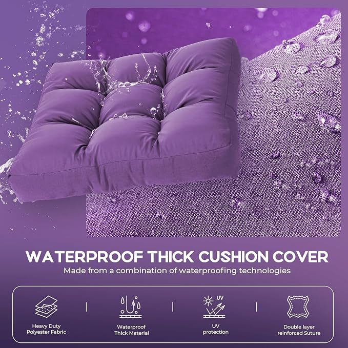Waterproof Outdoor Chair Cushions Set of 2, Patio Cushions for Outdoor Furniture Water-Resistant & Fade-Resistant, Deep Seat & Back Cushion for Wicker Sofa, 22x22 Inch (Purple) #FX