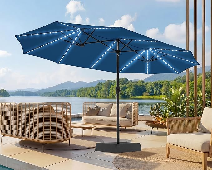 SUPERJARE 15ft Large Patio Umbrella with Base included, Double Sided Outdoor Umbrella with Solar Lights, Pool Umbrella with Fade Resistant Canopy for Deck, Porch, Yard, Balcony, Navy Blue