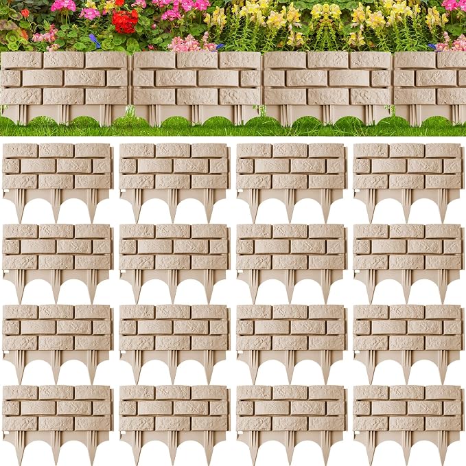 Landical 16 Pcs Imitation Stone Garden Fence, Faux Stone Retaining Wall Look Garden Bricks Border with Ground Stakes, 17.3 x 12.6 in Gray Plastic Edging Blocks for Flower Beds, Lawn, Mulch (Yellow)