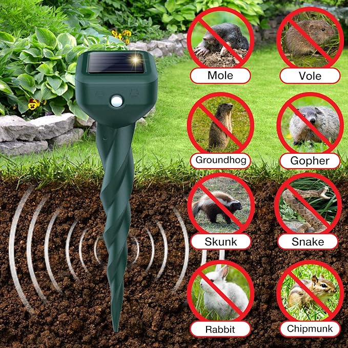 Mole Repellent Solar Powered, 8 Pack Snake & Skunk Repellent for Yard, IP 65 Waterproof Ultrasonic Deterrent Stakes, Get Rid for Rabbit, Gopher, Vole, Chipmunk, Deer, Groundhog for Lawns Garden