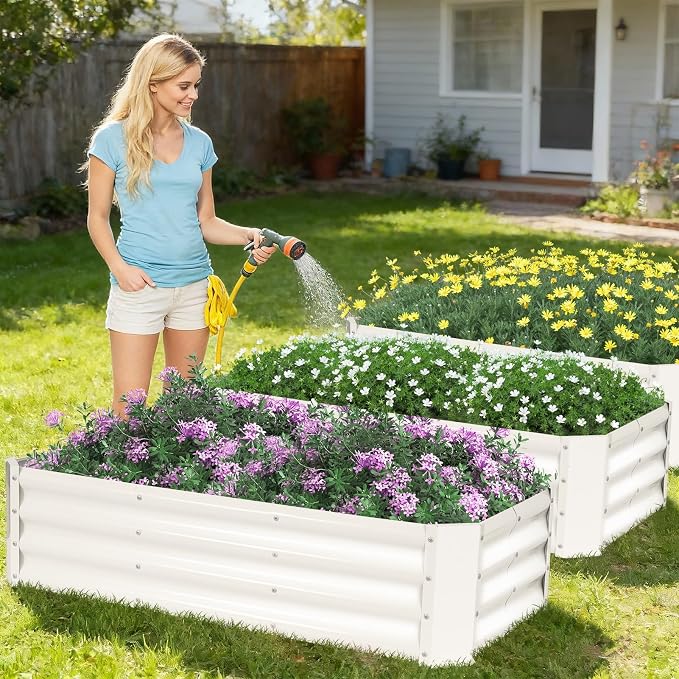2 Pcs 4x2x1ft Galvanized Raised Garden Bed Outdoor, Metal Planter Boxes with Easy Assembly, Planter Raised Beds for Gardening, Flower, Plants, Vegetable, Herb - White