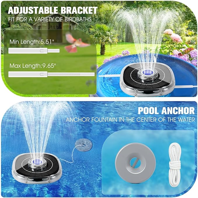 Solar Fountains with Lights, 2026 Upgrade Solar Bird Bath Fountain Pump, Floating Solar Water Fountain Outdoor, 4000mAh Battery Solar Birdbath Fountains for Pool,Pond,Garden-Blue