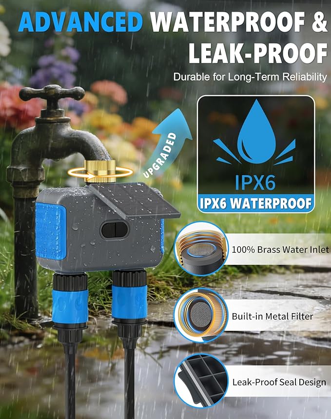 WiFi Solar Sprinkler Timer, 2 Zone Smart Bluetooth Hose Timers, Water Timer for Garden Hose with APP, Digital Automatic Irrigation System Compatible with Alexa Google, for Outdoor Garden Lawn