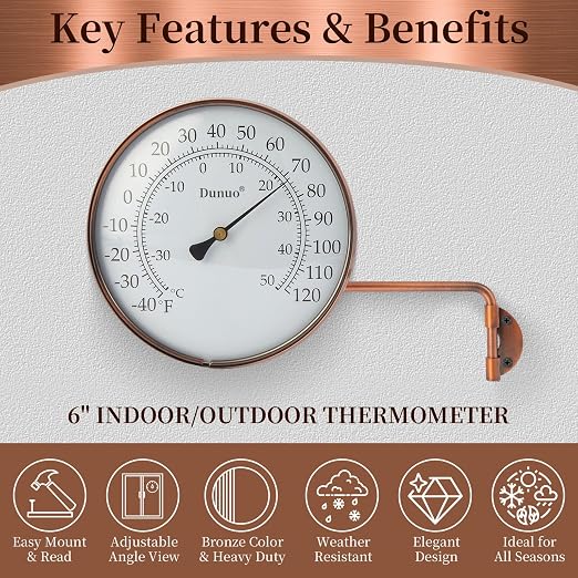 6-inch Outdoor Thermometer for Patio, Outside Analog Temperature Gauge – Weather Resistant for Garden, Home, and Greenhouse, Garage, Brass Swivel Thermometer.