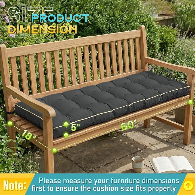 Outdoor Bench Cushion, Tufted Patio Seat Pad for Garden Bench, Porch Swing, Indoor/Outoor Furniture (Grey, 60X18X5)