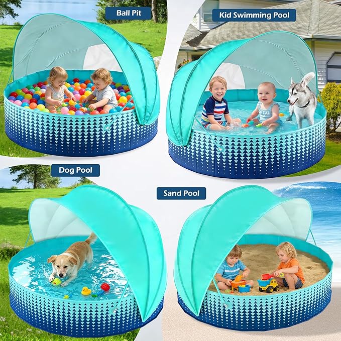 Jasonwell Kiddie Baby Pool with Canopy - Foldable Infant Toddler Kids Pool with Shade Baby Beach Essentials Tent Swimming Wading Pools for Toddlers 1-3 + Kids Dogs Ball Pit Backyard Water Play G, 48"