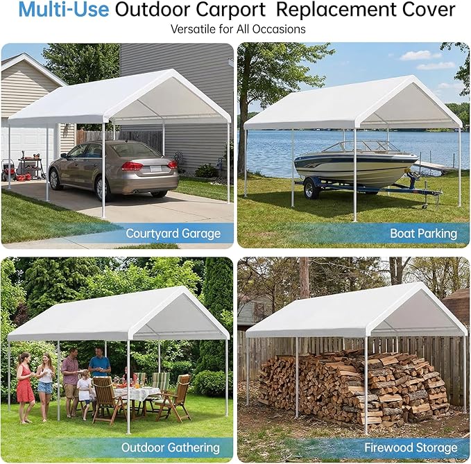 Carport Canopy Replacement Cover, 180G Heavy-Duty PE Fabric Garage Canopy Replacement Cover, 10×20FT Carport Tent, White (Frame not Included)