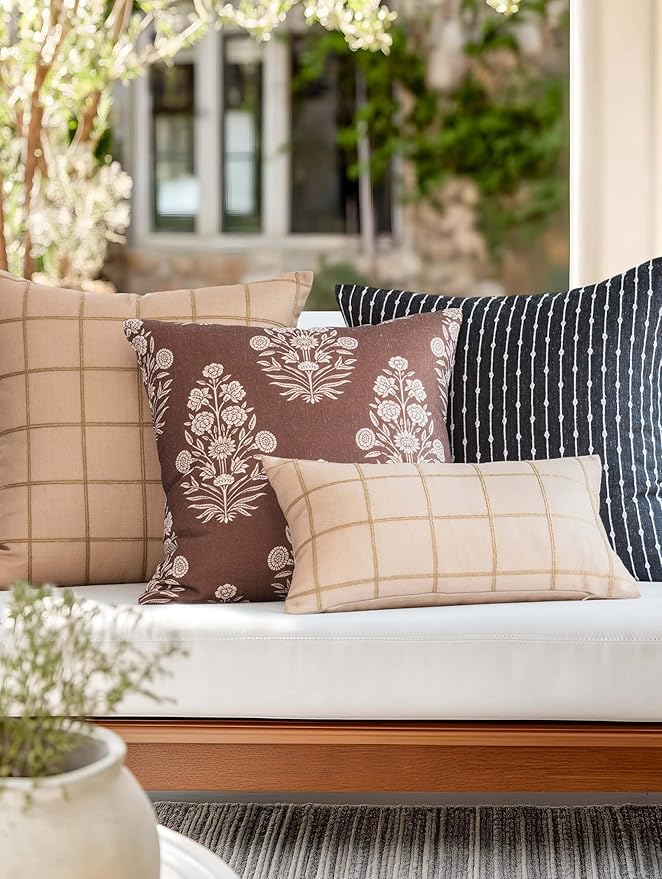 Crumbs Home Modern Farmhouse Fall Linen Indoor Outdoor Throw Pillow Cover Only, 22"x22" Water Repellent for Patio, Backyard, Couch, Black Neutral Embroidered Stripes