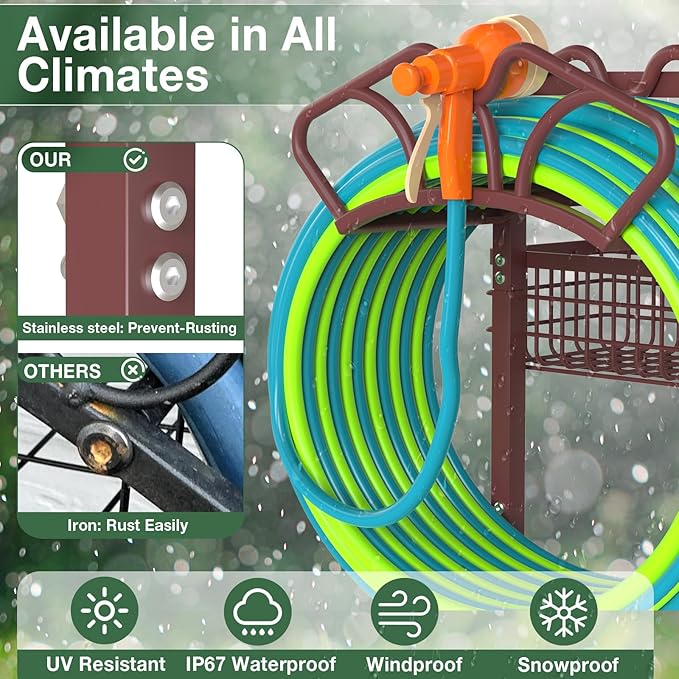 Qatsrin Upgraded Garden Hose Holder with Large Basket, Heavy Duty Water Hose Holder Supports 160-ft Hoses, Freestanding Detachable Hose Stand Storage Reel Hanger Rack for Yard Lawn Farm, Bronze