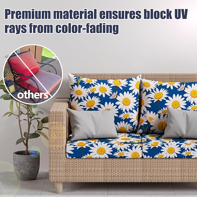 14Pcs Patio Stretch Cushion Covers, Outdoor Couch & Sofa Replacement Slipcovers for Patio Furniture Cushion Covers, Washable Reusable Furniture Protector, Square Large, Daisy Flower