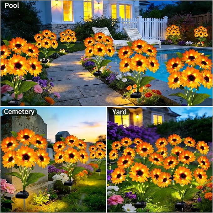 Solar Garden Lights Outdoor, 6 Pack Solar Sunflower Lights with 36 Head 3.4 Inch Flowers, Waterproof Flowers Light Fall Thanksgiving Decorations for Garden Yard Patio Backyard, Gifts for Mom Women