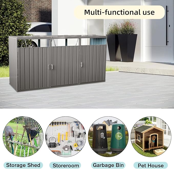 82.7 Cu.Ft Outdoor Trash Can Storage Shed, Metal Trash Can Storage Bin with Spring Chain Lid for Garbage Storage, Waterproof Storage Shed Stores for 3 Trash Cans, Garden Tools, Gray