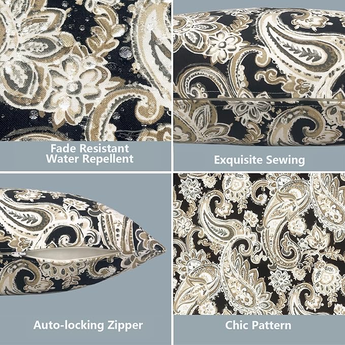 LVTXIII Outdoor Pillow Covers 20x20 Inch, 2 Pack Large Square Throw Pillow Cases, Fade-Resistant Cushion Covers for Patio Furniture Sofa, Garden Porch, Paisley Black