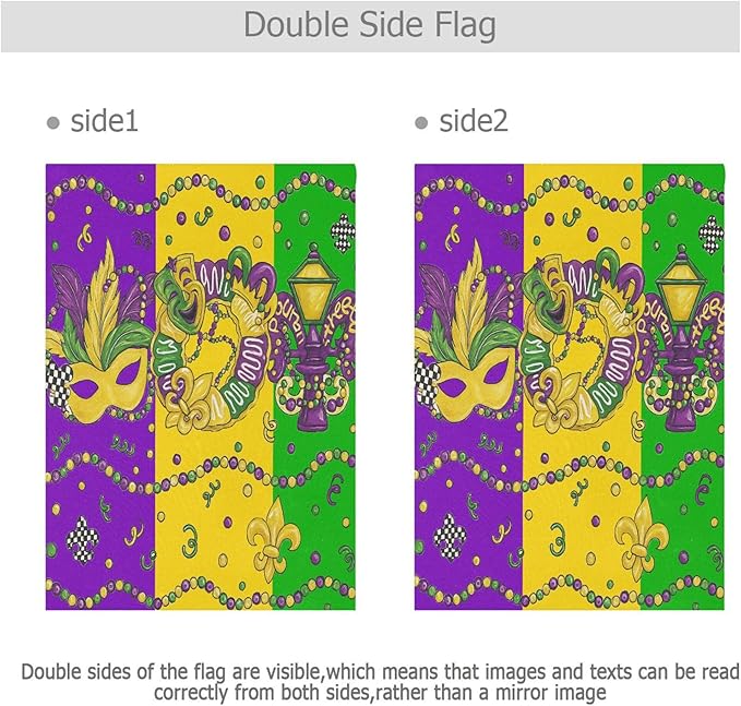 Happy Mardi Gras House Flag 28x40 Inch Double Sided Outside Fleur de Lis Masquerade Mask Carnival Seasonal Yard Outdoor Flag Banner for Garden Lawn Patio Holiday Decorations