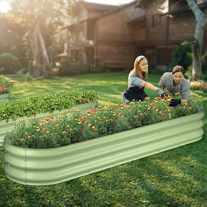 Winpull Raised Garden Bed Kit, 8x2x1 ft Galvanized Planter Box Outdoor, Oval Large Metal Raised Beds for Gardening Vegetables Flower Herb (Avocado Green)