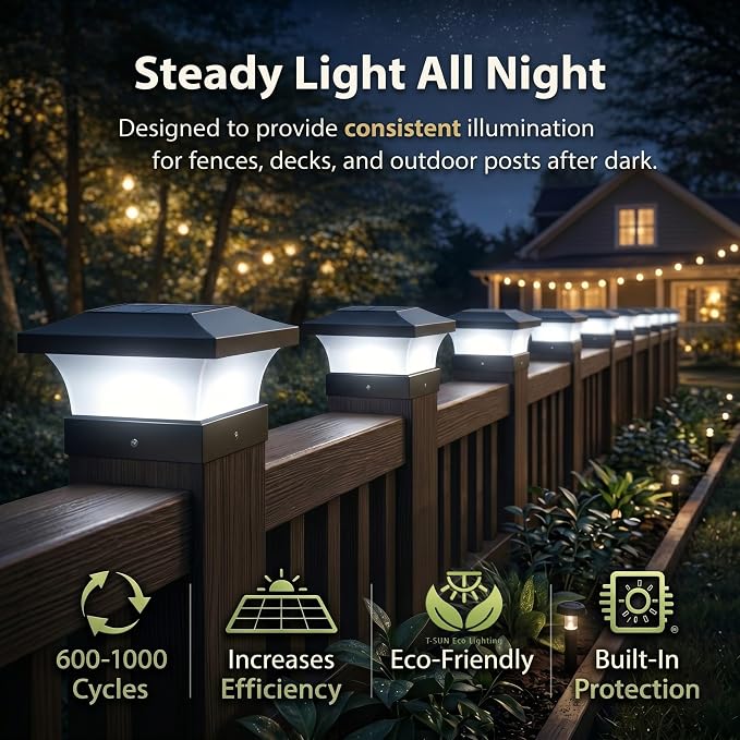 T-SUN Solar Post Cap Lights 4 Pack for 4x4, 5x5 & 6x6 Posts, 6500K Cool White, Waterproof Dusk to Dawn LED Deck & Fence Post Lights, Eco-Friendly & Sustainable, Made with Recycled Materials