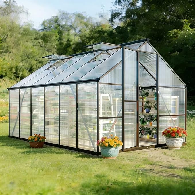 8x12 FT Greenhouse for Outdoors, Polycarbonate Greenhouse with Quick Setup Structure and Roof Vent, Aluminum Large Walk-in Green House for Outside Garden Backyard, Charcoal Black