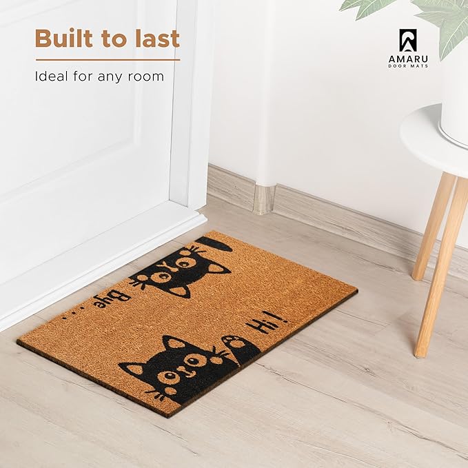 Hi-Bye Cat - 17"x29" - Coir Door Mat with Heavy Duty Backing - Welcome Mats for Entryway, Porch - Anti-Slip PVC & Coconut Fiber Surface - Natural Home Accessories, Minimalist Original Design