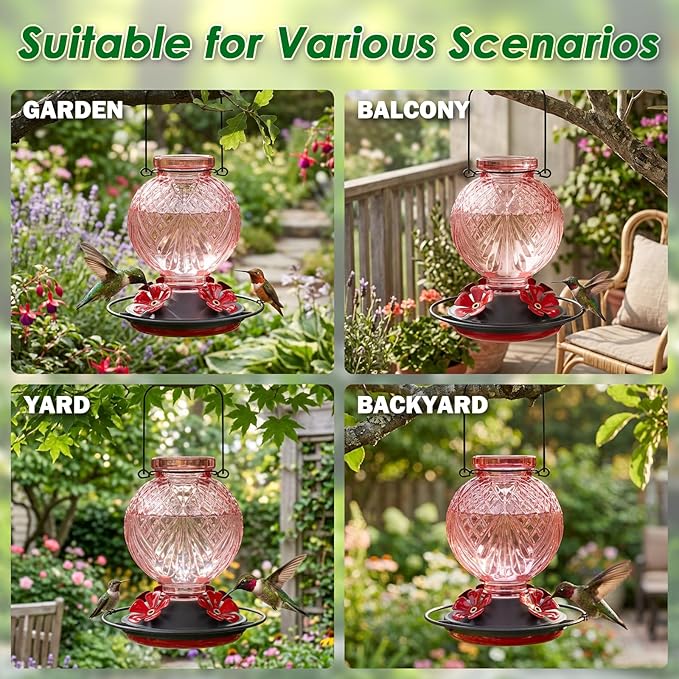 Glass Hummingbird Feeder for Outdoors Hanging, 20oz Bird Nectar Feeder with 4 Bee Guard Flower-Shaped Ports & Built-in Ant Moat, Easy to Clean, for Bird Lover,1 Pack, Pink