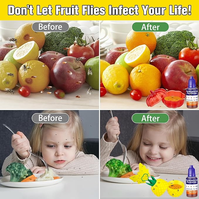 Fruit Fly Trap Refill Liquid, Effective Gnat Killer&Fruit Fly Catcher Bait Refill, Long-Lasting Fruit Scented Ants Attractant for Kitchen Bathroom Living Room Use, Safe Near Food (4 Pack)