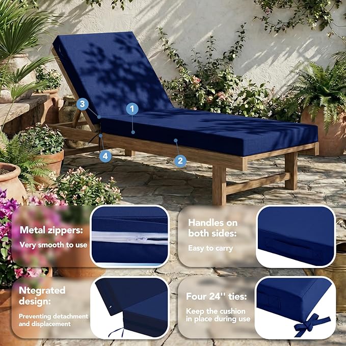 L'AGRATY Outdoor Lounge Chaise Cushion: 72x21x3 Inch Waterproof Lounge Chair Cushion for Outdoor Furniture with Fade Resistant Removable Cover - Patio Lounge Cushion for Pool Lawn Deck(Navyblue 2Pcs)