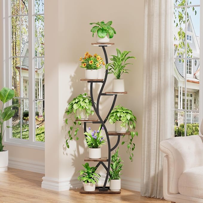EVAWOO Plant Stand Indoor with Grow Lights - 58" Corner Plant Shelf Indoor, 7 Tiered Tall Lighted Plant Stand for Indoor Multiple Plants, Flower Stands Display Rack Holder for House, Patio, Black
