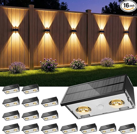 Bridika Solar Fence Lights Outdoor, 16 Pack Up and Down Wall Light, 8 Colors Lens LED Dusk to Dawn Solar Lights Outdoor Waterproof for Patio, Deck, Backyard, Garden Black