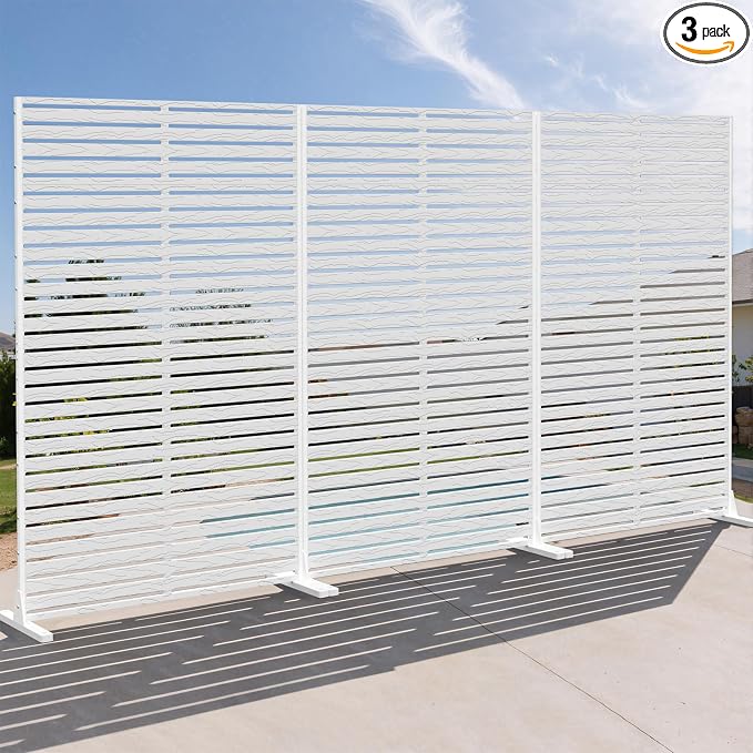 Outdoor Privacy Screen Panel 72" Freestanding Privacy Fence with Stand, HDPE Decorative Privacy Screens with Louvered 6 Panels, Weather-Resistant Panel Fence for Patio, Balcony,Pool, White