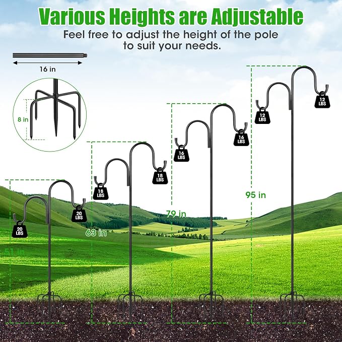 95 Inch Double Shepherds Hooks for Outdoor, Heavy Duty Bird Feeder Pole with 5 Prongs Base for Hanging Lantern, Hummingbird Feeder, Lightweight Plant, Shepherds Hook for Bird Feeders for Outside