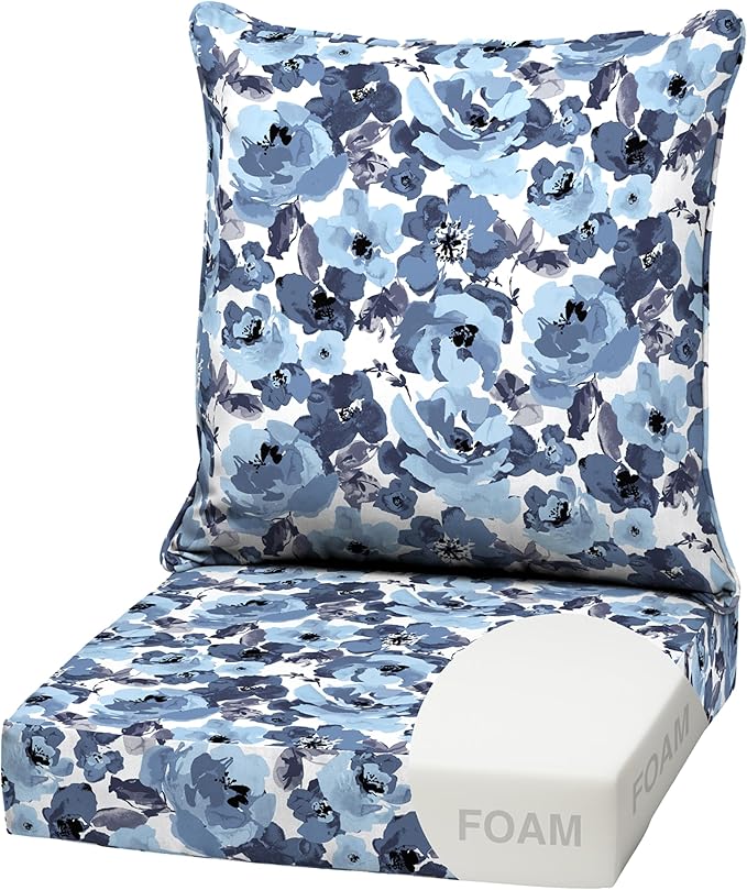 Arden Outdoor Foam Deep Seat Cushion Set, 22 in x 24 in, Weather-Proof, Rain-Proof, Fade Resistant Patio Cushion, Bottom and Back Cushion for Chair, Sofa, and Couch Blue Garden Floral