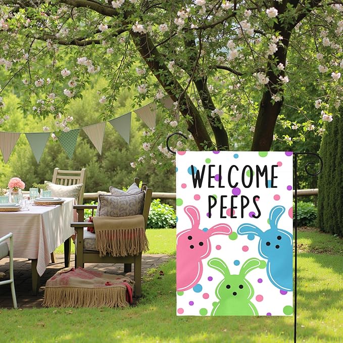 Welcome Peeps Garden Flag Easter Bunny Design Double Sided Outdoor Yard Flags Colorful Spring Porch Patio Lawn Farmhouse House Banners for Easter Egg Hunt Party Seasonal Home Décor 12x18 Inch