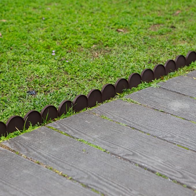 Evelyne Garden Border Edging in Half Round (Semicircle) Arched Design - 30pcs Brown Yard Landscaping Fence Liner Lawn Edge Barrier - 40ft. Kit of Decorative Lawn Landscape Panels Elements