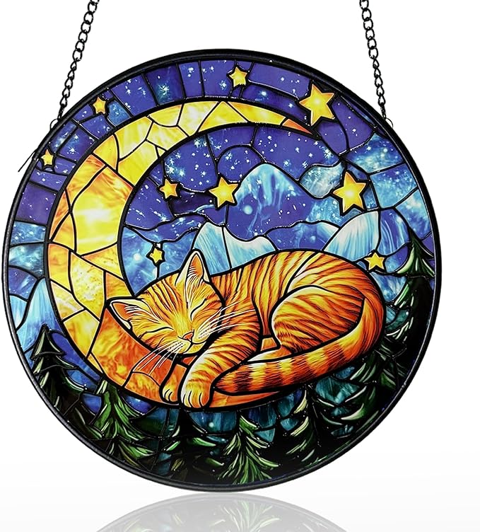 Cat Stained Glass Suncatcher Window, Cat Sun Catchers Indoor Window, Suncatcher for Mom/Women (Moon Sleeping)