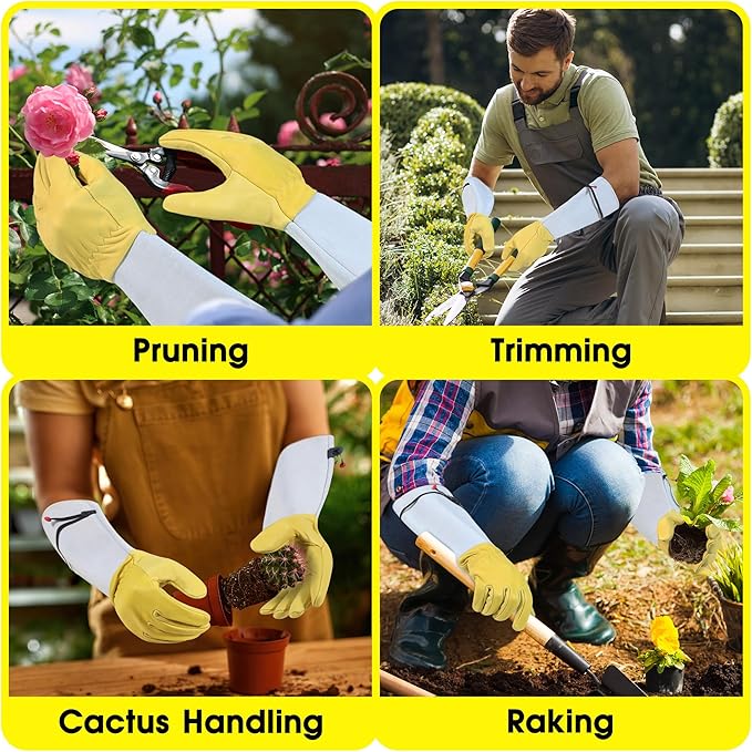 HANDLANDY Rose Pruning Gardening Gloves for Men Women, Thorn Proof Forearm Protection Leather Garden Gloves, Gardening Gifts for Gardeners (Golden Yellow, Large)