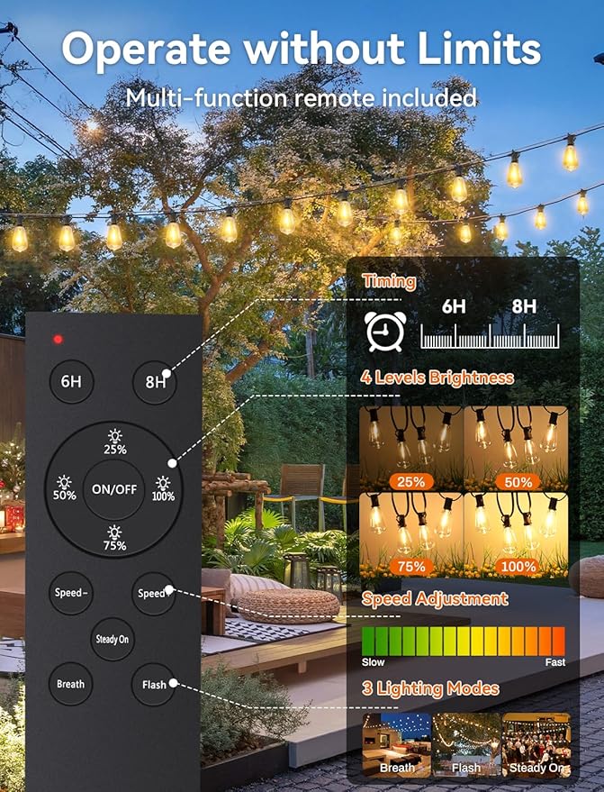 Brightever 50FT Solar String Lights Outdoor Waterproof, Patio Lights Solar Powered with Remote, 18+1 Shatterproof ST38 LED Bulbs, Dimmable&3 Lighting Modes, Hanging Outdoor Lights for Garden, Wedding