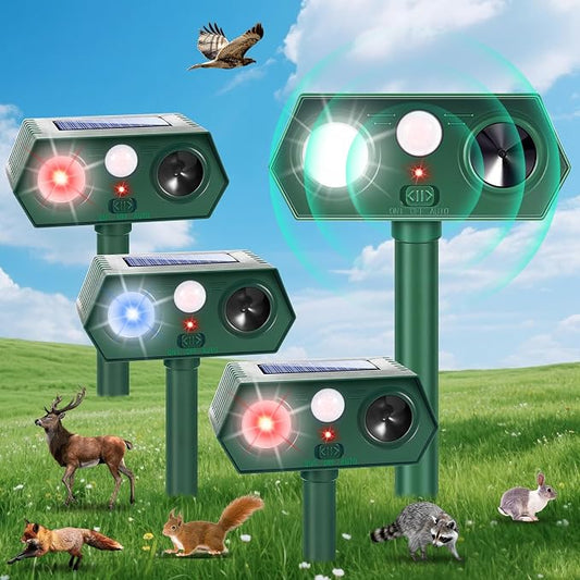 4Pack Solar Ultrasonic Animal Repellent Outdoor, Cat Repeller Outdoor Deer Repellent Devices Motion Detection with Motion Sensor for Yard, Predator Lights with Red&Blue to Scare Rabbit Raccoon