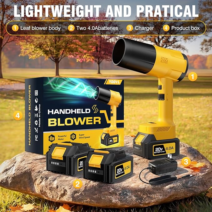 Leaf Blower Cordless, Handheld Leaf Blower with 2 X 4.0Ah Battery and Charger, Snow Blower with 6 Speed Modes, Lightweight Blowers for Lawn Care, Patio, Yard, Blowing Snow, Leaves, Dust-Yellow