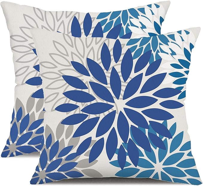 DFXSZ Blue Flower Pillow Covers 16x16 Inch Set of 2 Dark and Light Blue Colored Pillow Farmhouse Outdoor Waterproof Decor for Patio Funiture Garden Summer Floral Square Polyester Pillow Covers 002E16