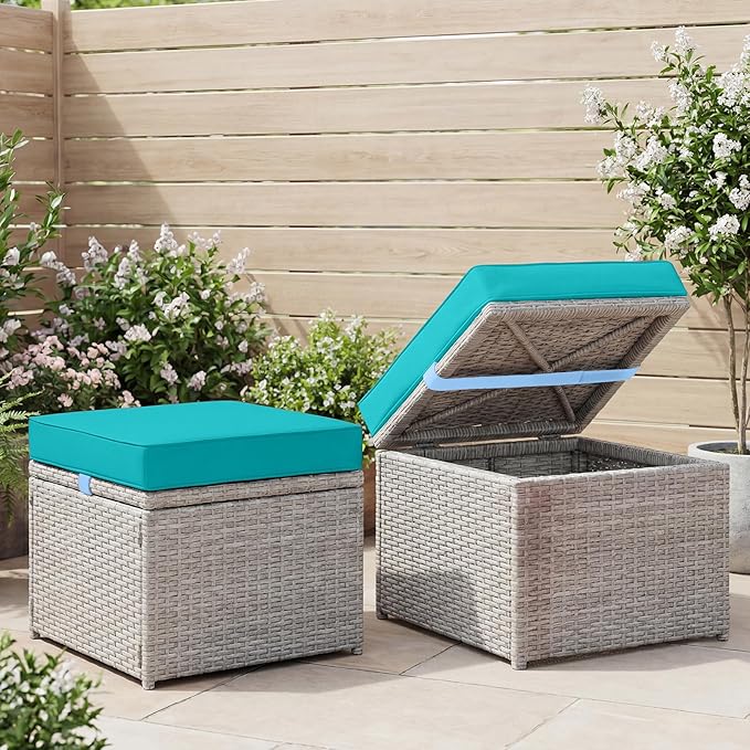 DoubleFill 1 Pcs Outdoor Ottoman Cushion 23"x19"x3" Waterproof Fade Resistant Outdoor Footstools Cushion Removable Patio Ottoman Cushions with Adjustable Fixing Strap for Stool (Lake Blue)