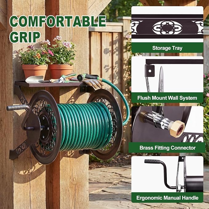 Outvita Wall Mounted Garden Hose Reel, Holds 175 ft 5/8-inch Hose, Manual Water Hose Holder Winder, Decorative Heavy-Duty, Space Saving, Easy Assmbly, for Yard Lawn Garage Backyards (Brown)