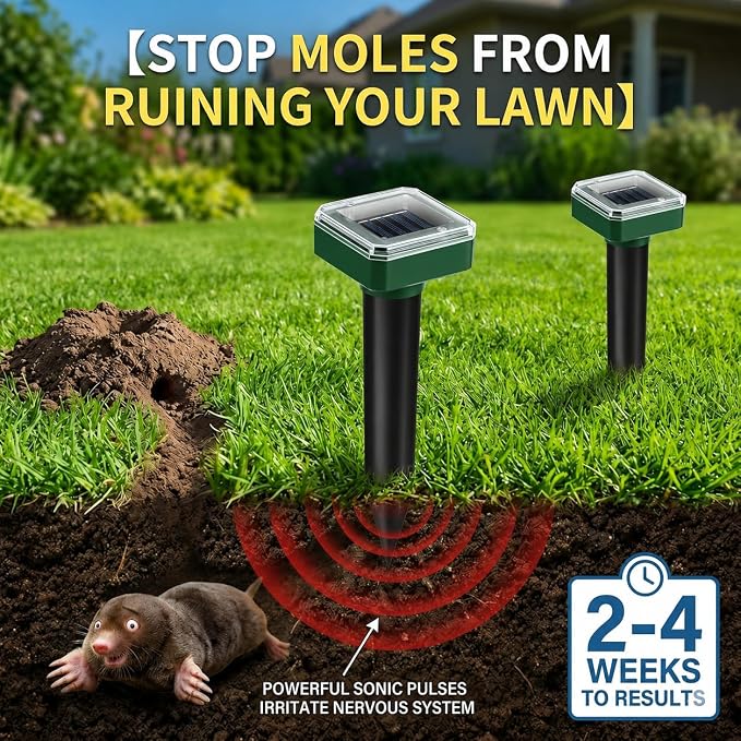2026 8Pack Mole Repellent Solar Powered Sonic Gopher Repellent Stakes for Lawns,IP65 Waterproof Ultrasonic Mole Repellent for Lawns,Sonic Chipmunk Snake Armadillo Vole Deterrent for Lawns