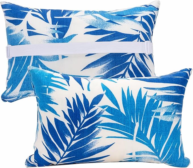 JMGBird Waterproof Chaise Lounge Pillows Set of 2-10x16 Inch White Blue Palm Leaf Outdoor Headrest Cushions with Adjustable Straps for Pool Patio Beach Chair