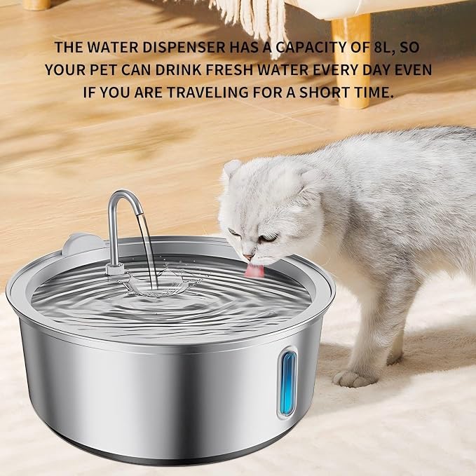 Large Dogs Water Fountain, 8L/270oz Stainless Steel Dog Water Fountain with Visual Water Level Window for Large for Families with Many Pets and Busy Families. with Operating Noise Below 30 decibels