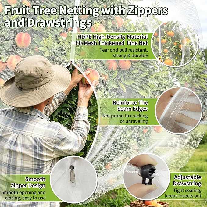 15×15FT Extra Large Fruit Tree Netting with Double Zipper and Drawstring, Durable Mesh Cover for Birds Squirrels Deer & Cicadas, Reusable Plant Protection Net for Garden Bushes