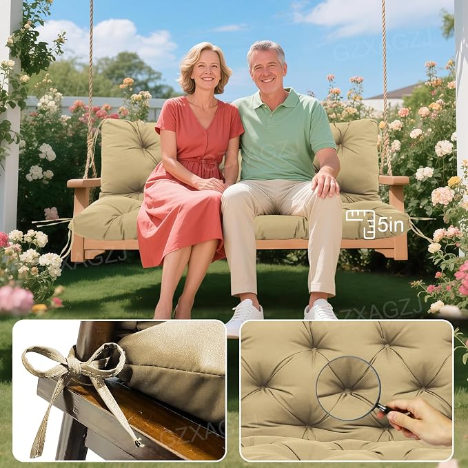Outdoor Swing Replacement Cushions 48x40 inch Waterproof Porch Swing Cushions with Backrest and Ties 5” Thick 3 Seater Swing Cushions for Outdoor Furniture Backyard Patio Bench Lawn(Khaki)